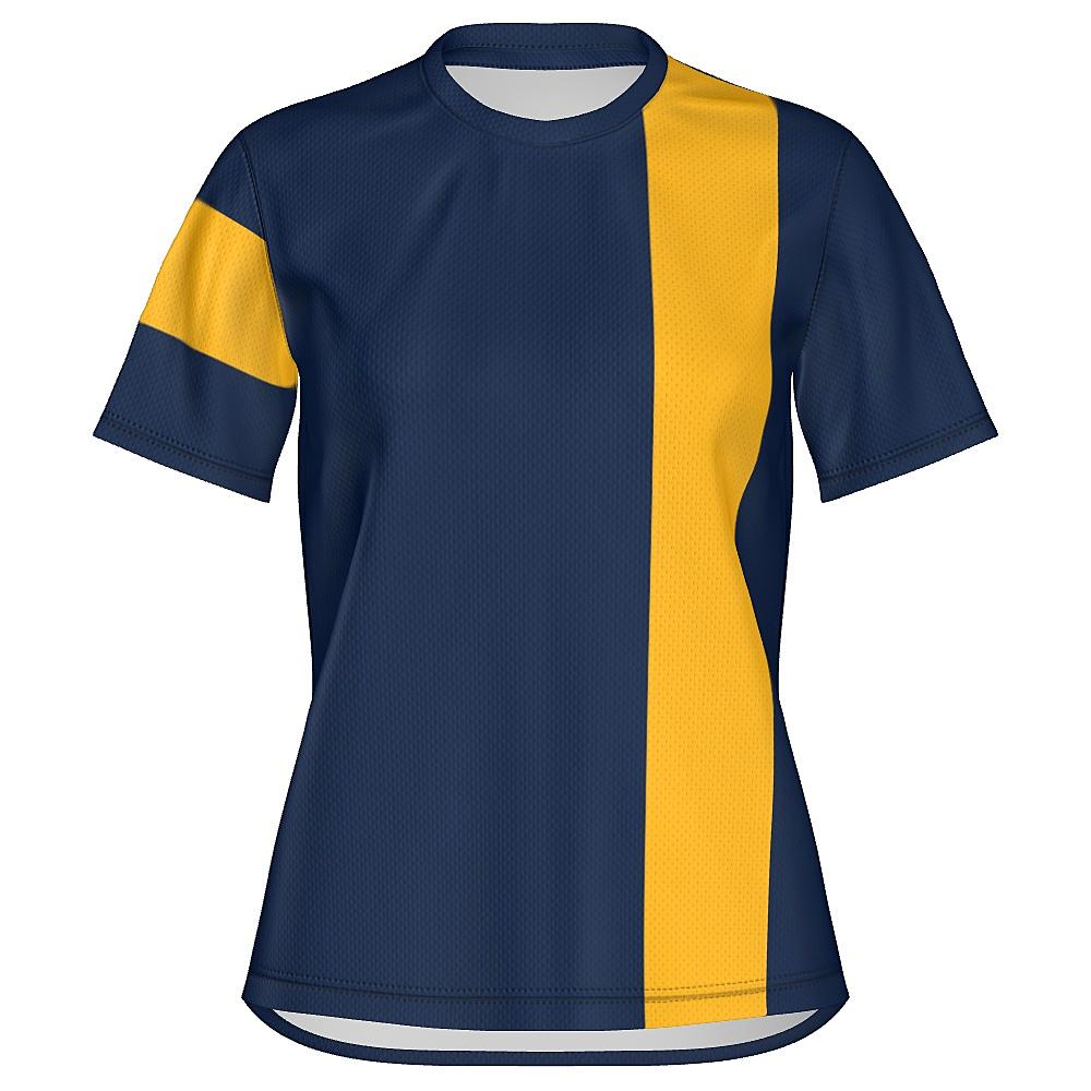 Navy shirt with yellow stripes on a white background