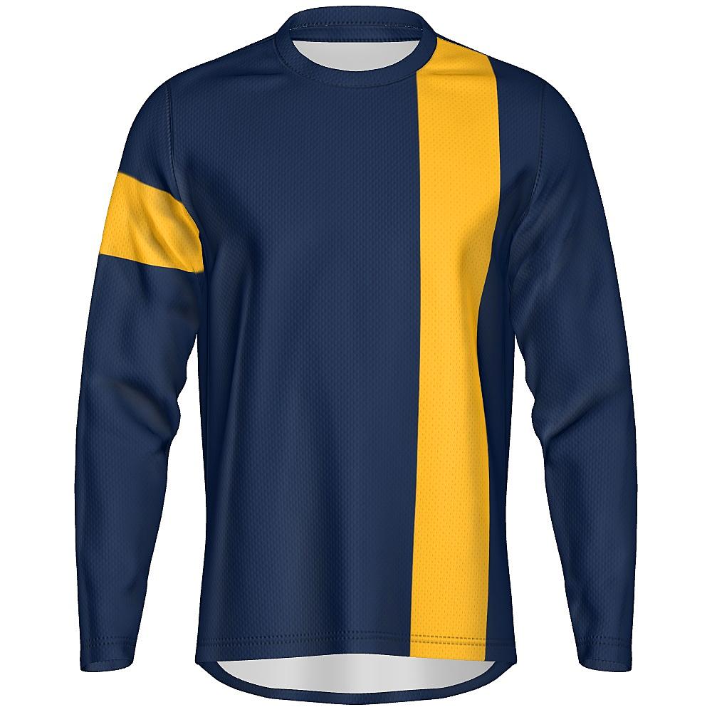 Navy long-sleeve shirt with yellow stripes on a white background