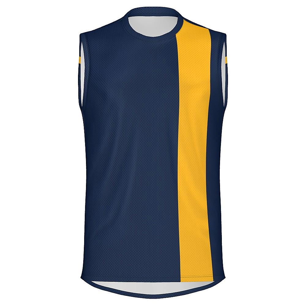 Navy sleeveless shirt with yellow stripes on a white background