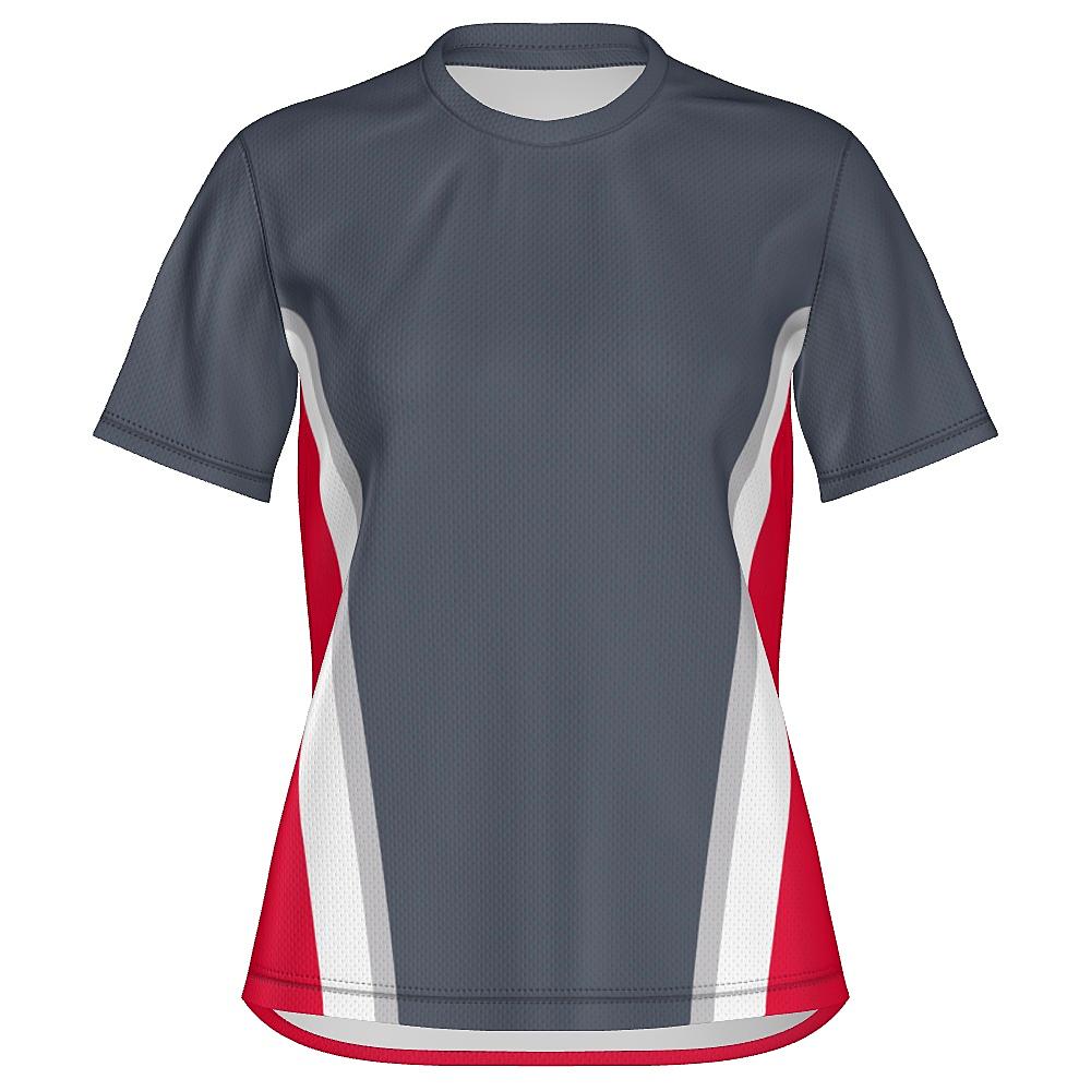 Grey shirt with white and red accents on a white background