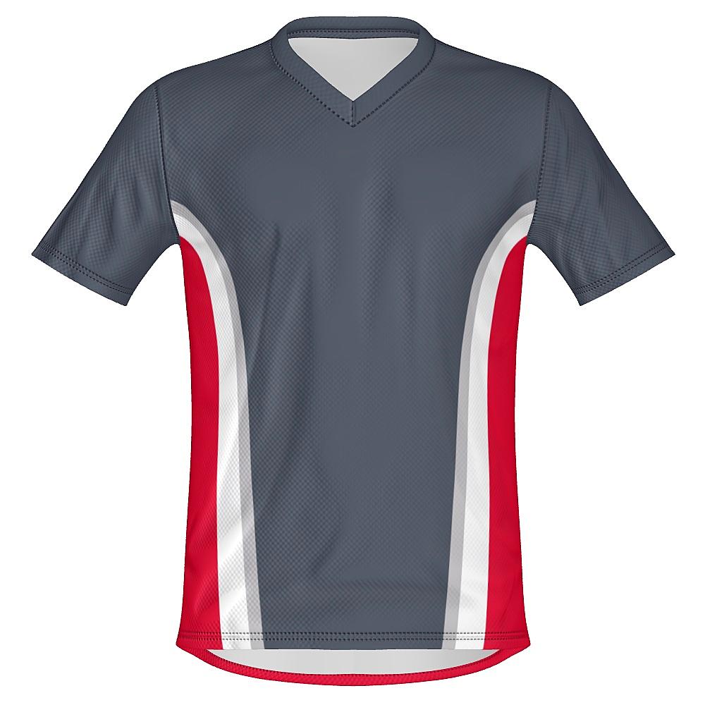 Grey shirt with white and red accents on a white background