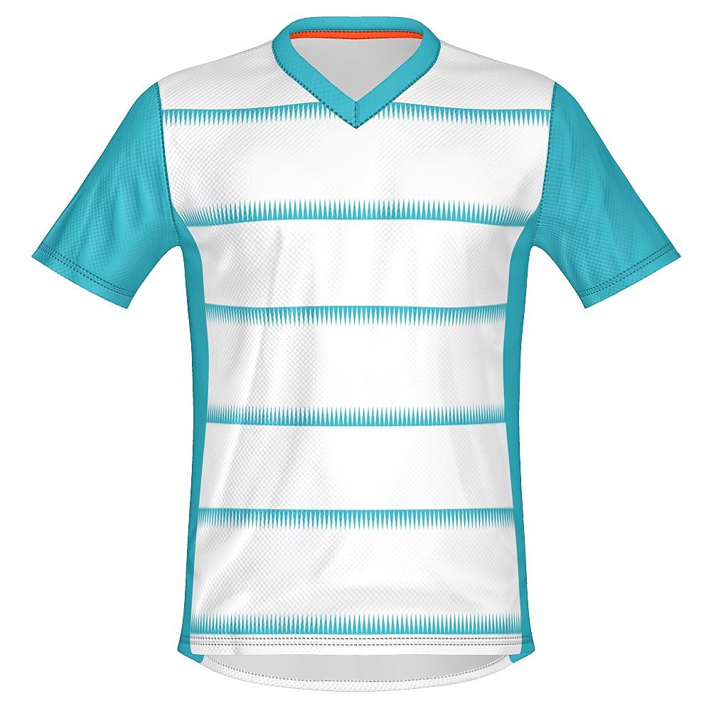 White shirt with teal sleeves and sawtooth stripes