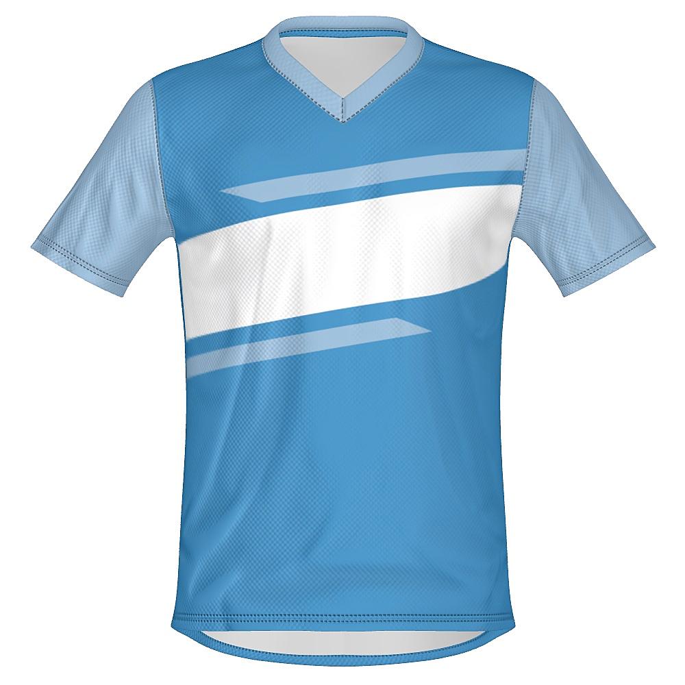 Blue shirt with contrasting sleeves and white horizontal stripe on a white background