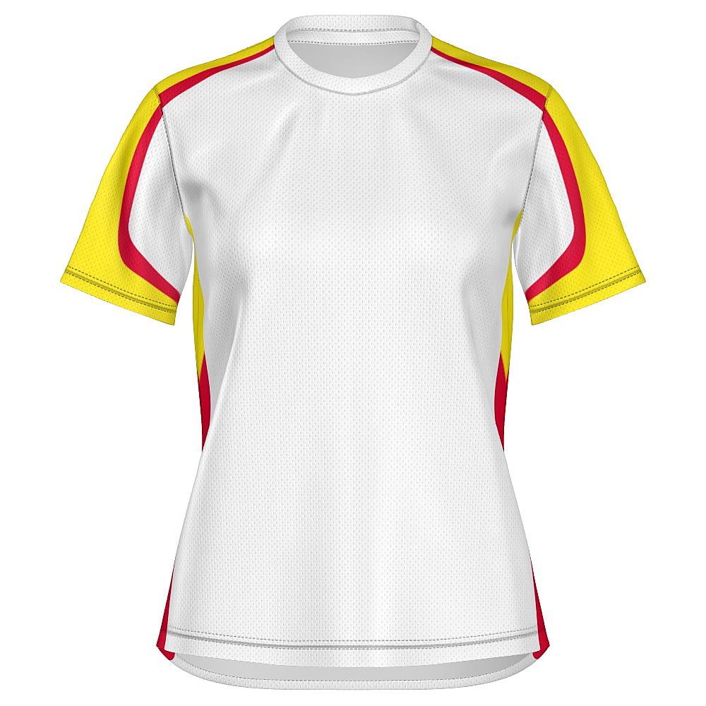 White shirt with yellow and red accents on a white background