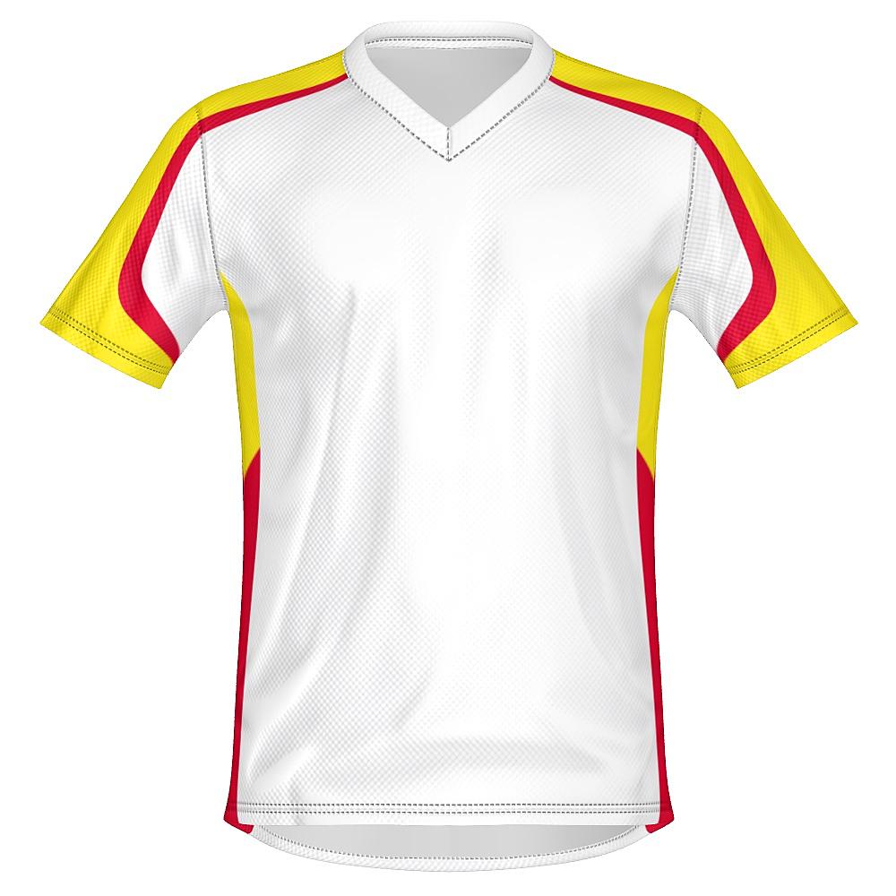 White shirt with yellow and red accents on a white background