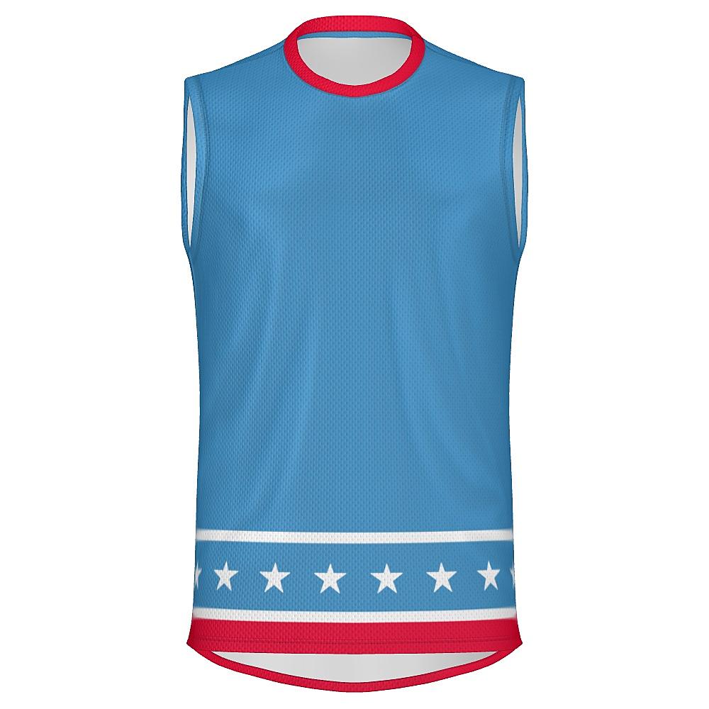 Blue sleeveless shirt with white stars and red stripes on a white background