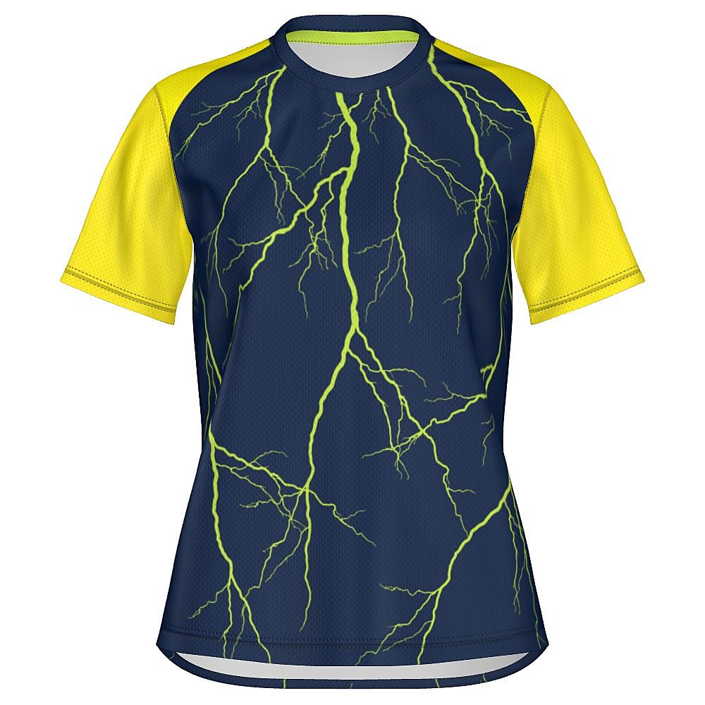 Navy shirt with yellow sleeves and lightning design on a white background