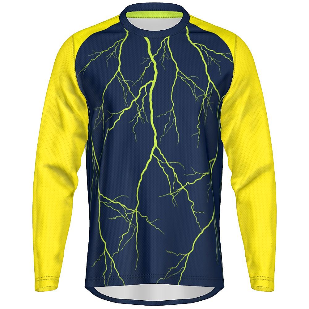 Navy long-sleeve shirt with yellow sleeves and lightning design on a white background