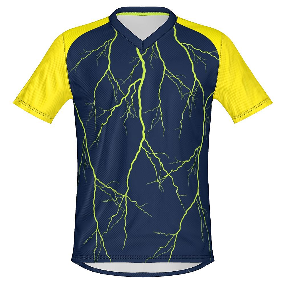 Navy shirt with yellow sleeves and lightning design on a white background