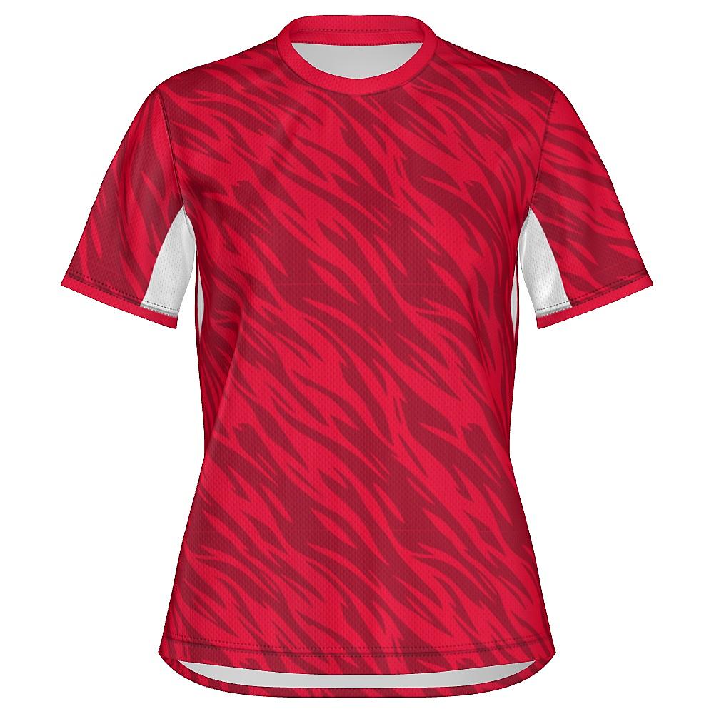 Red shirt with wavy design and white accents on a white background