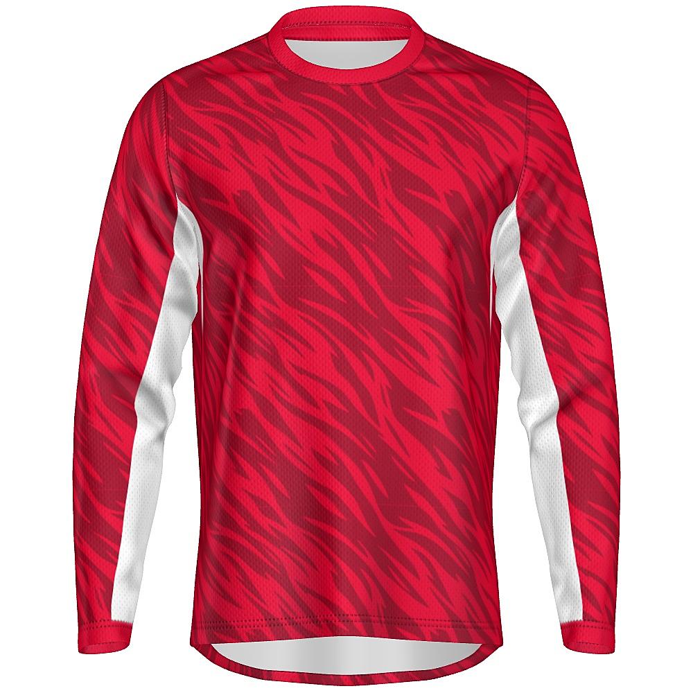 Red long-sleeve shirt with wavy design and white accents on a white background