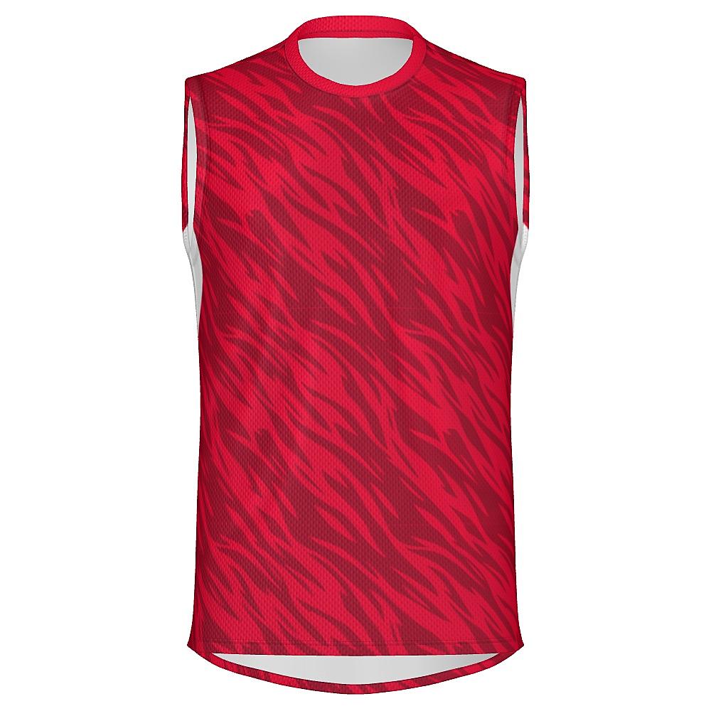 Red sleeveless shirt with wavy design and white accents on a white background