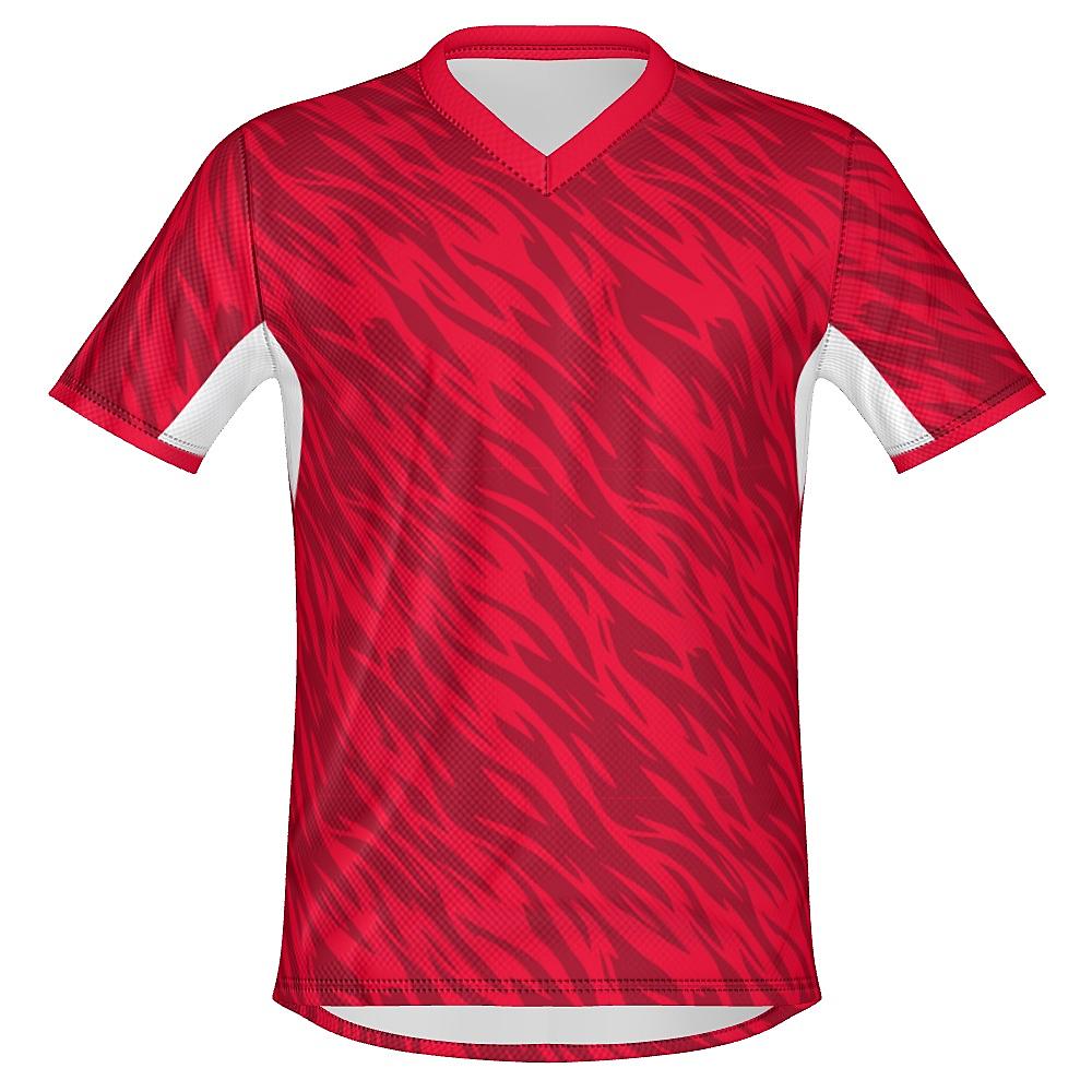 Red shirt with wavy design and white accents on a white background