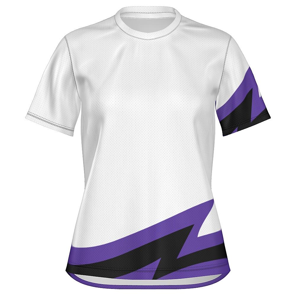 White shirt with black and purple accents on a white background