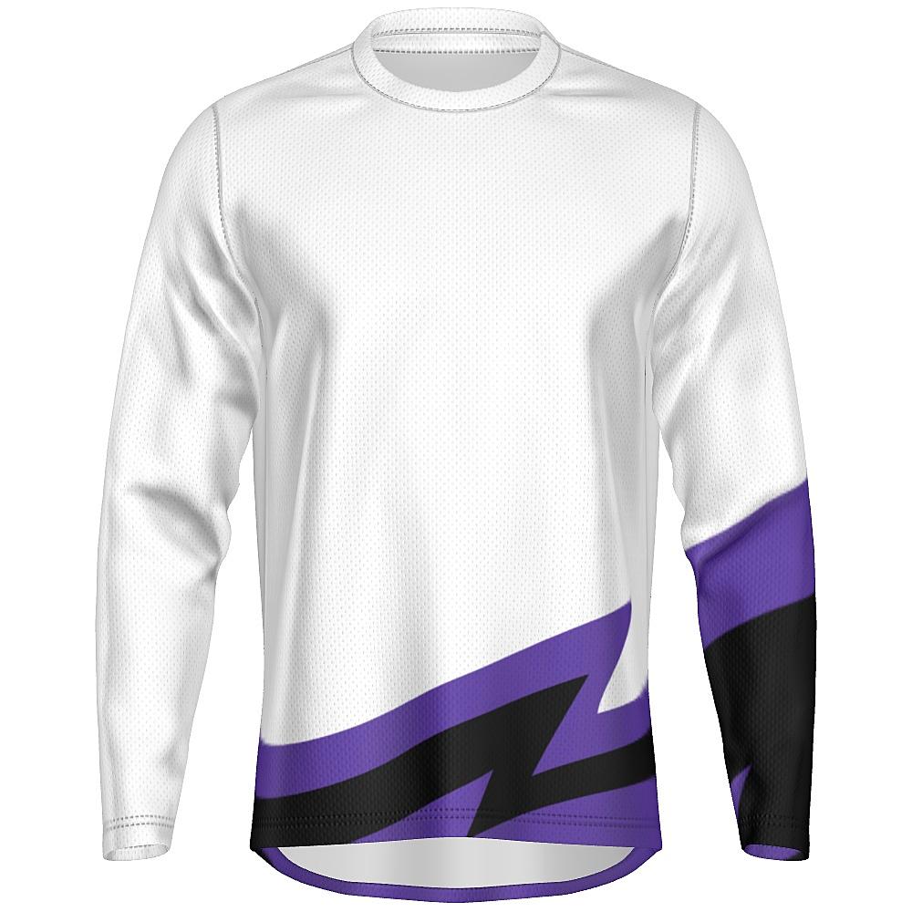 White long-sleeve shirt with black and purple accents on a white background