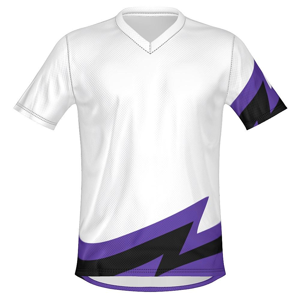 White shirt with black and purple accents on a white background