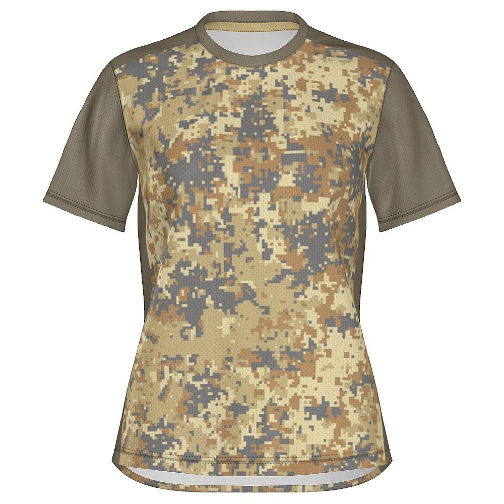 Earth-tone shirt with digital camo design on a white background