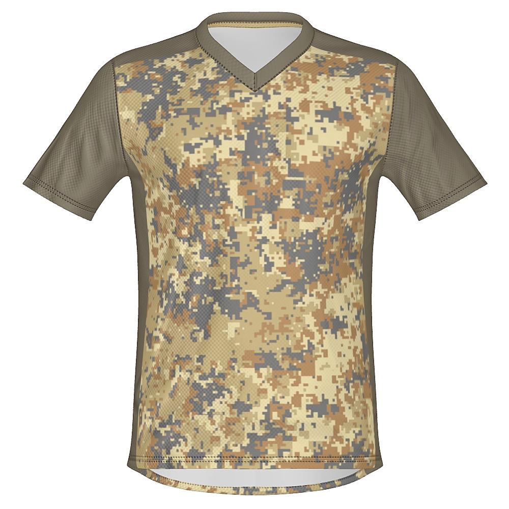 Earth-tone shirt with digital camo design on a white background