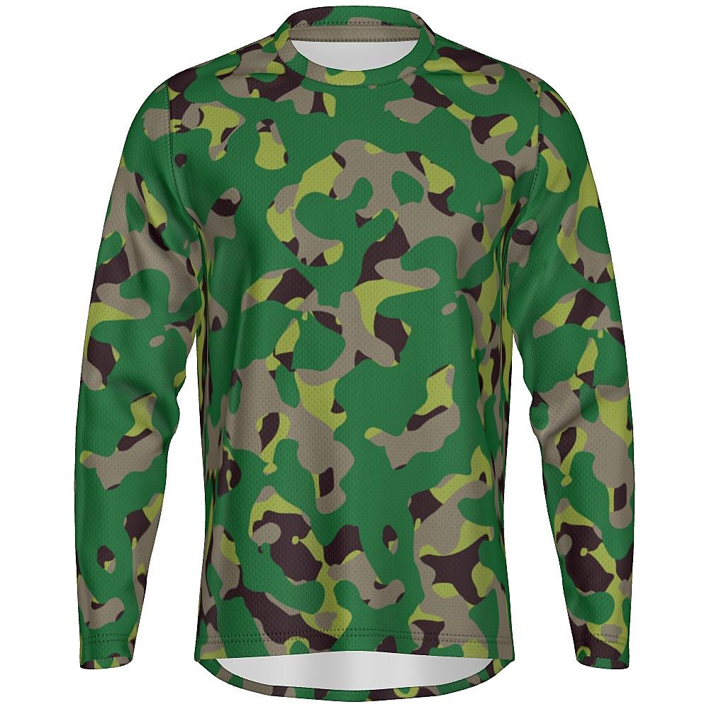 Long-sleeve shirt with green camouflage design on a white background