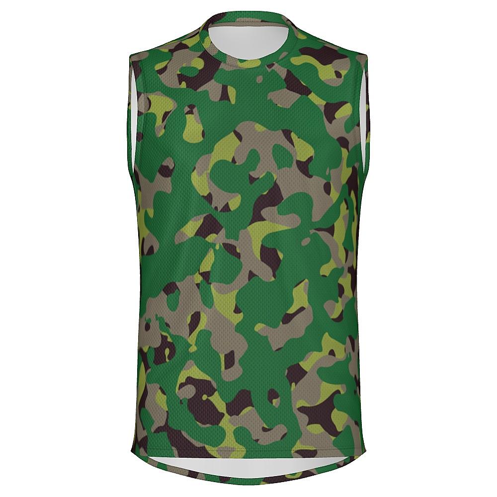 Sleeveless shirt with green camouflage design on a white background
