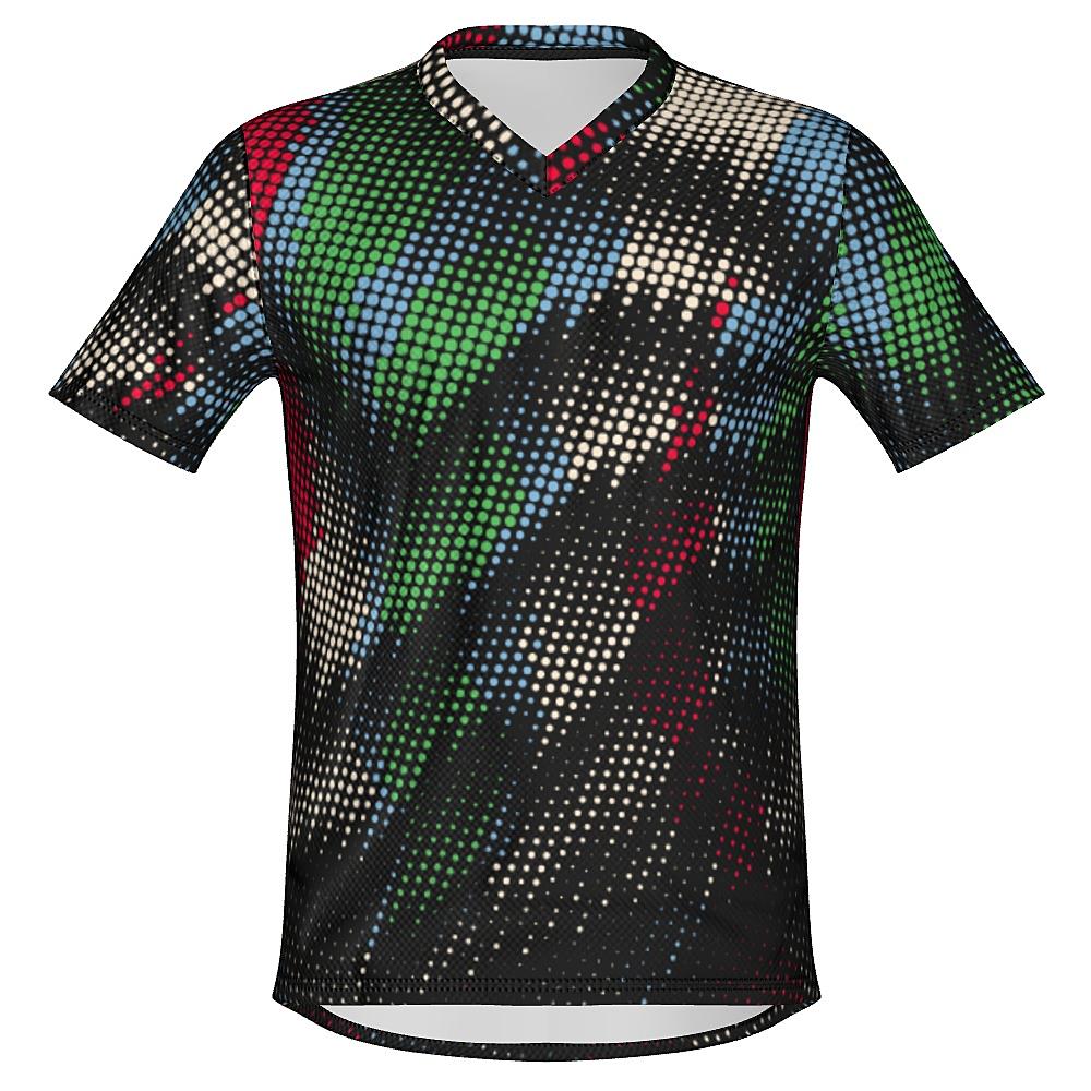 Black shirt with multicolored dot pattern on a white background