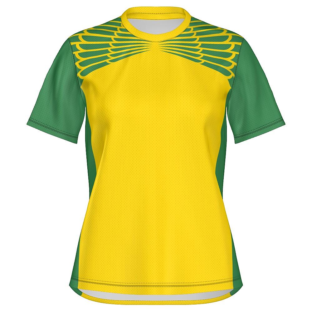 Yellow and green shirt with feather design on upper chest and shoulders