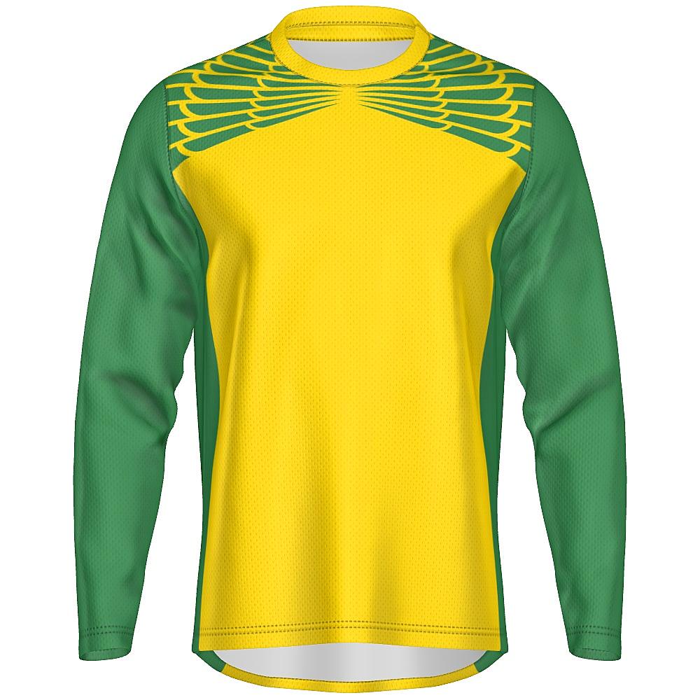 Yellow and green long-sleeve shirt with feather design on upper chest and back