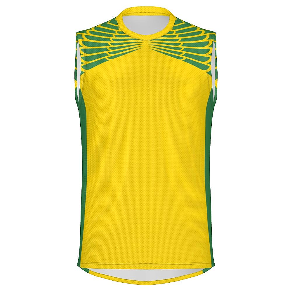 Yellow and green sleeveless shirt with feather design on upper chest and back