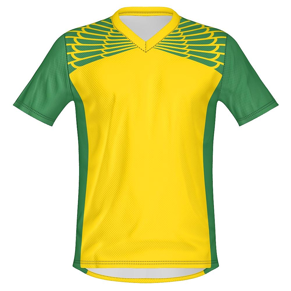 Yellow and green shirt with feather design on upper chest and shoulders