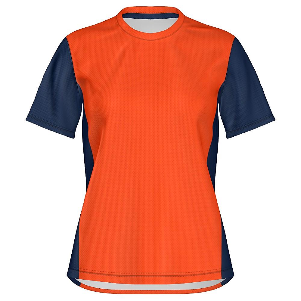 Orange shirt with navy sleeves and side panels on a white background