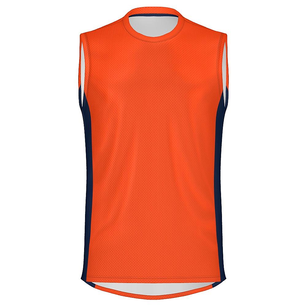 Orange sleeveless shirt with navy side panels on a white background