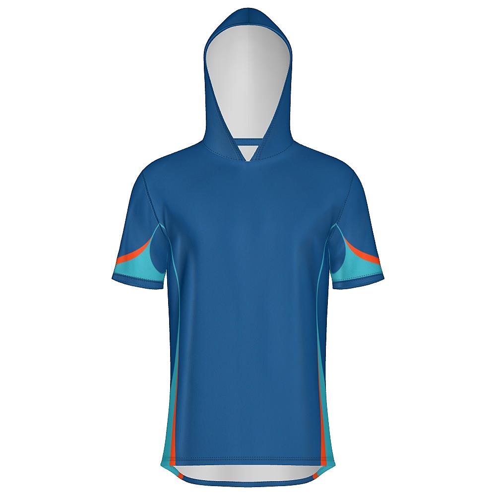 Blue short-sleeve hoodie with teal and orange accents on a white background