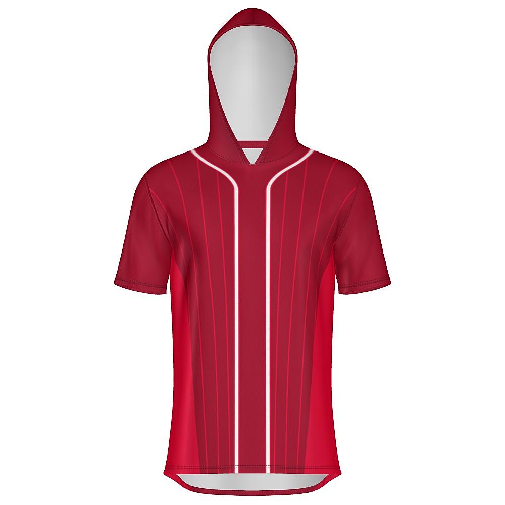 Red short-sleeve hoodie with pinstripe design on a white background