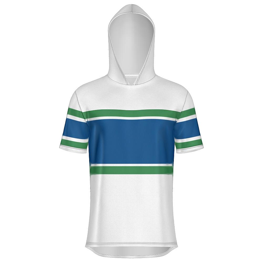 White, blue and green short-sleeve hoodie on a white background