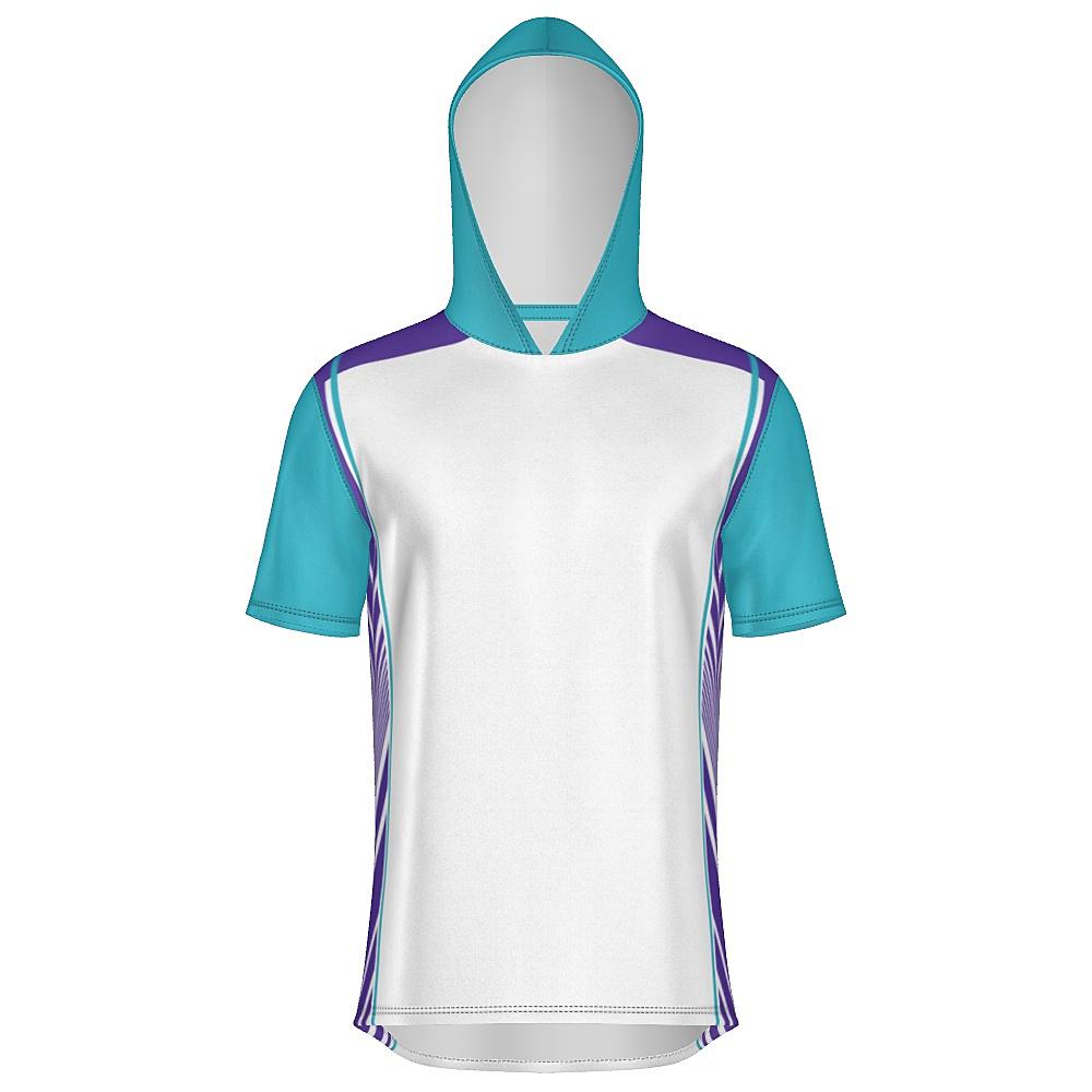 White short-sleeve hoodie with teal and purple accents on a white background