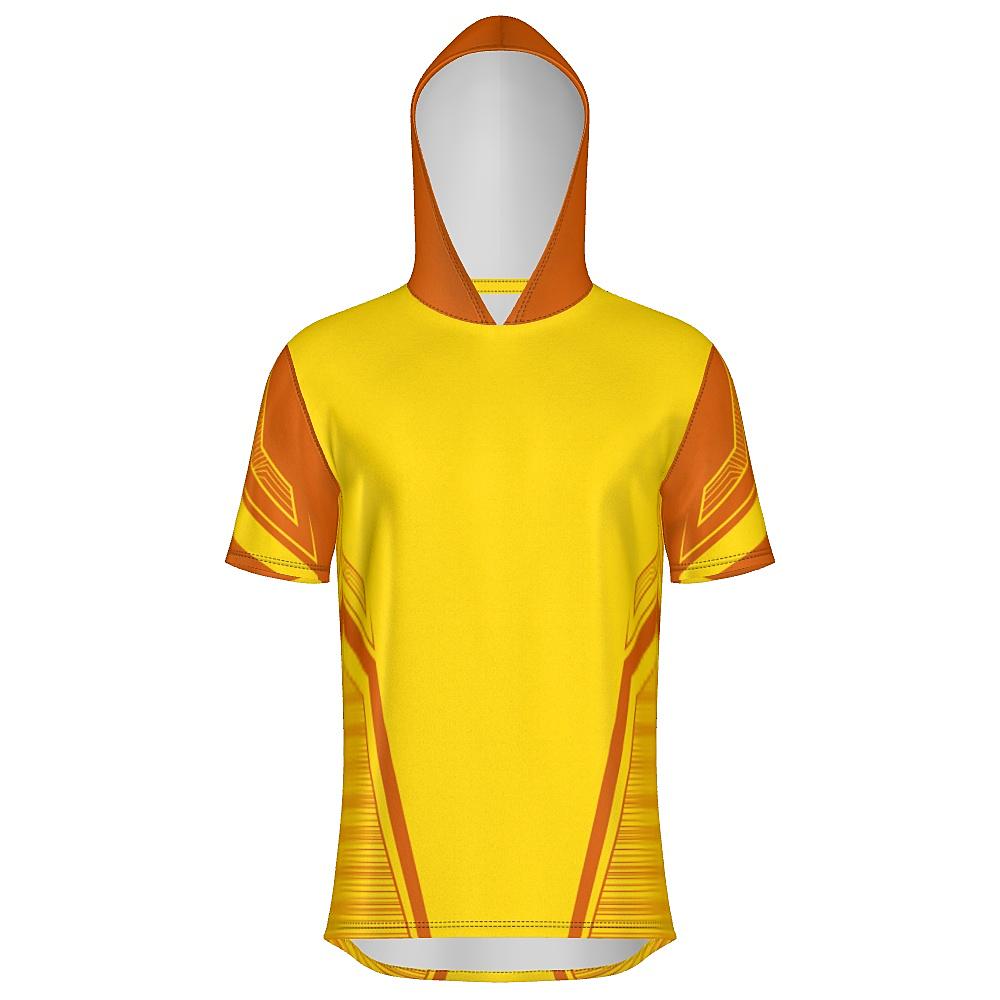 Yellow short-sleeve hoodie with orange accents on a white background