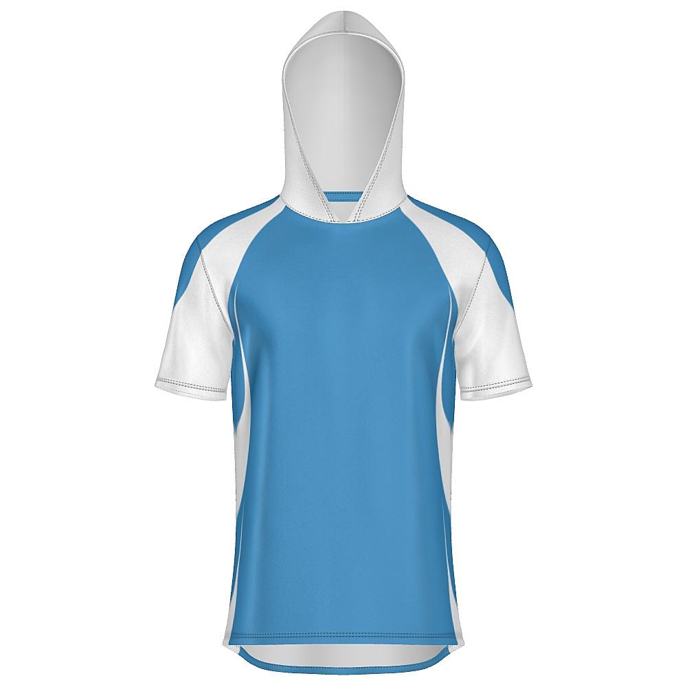 Blue short-sleeve hoodie with white accents on a white background