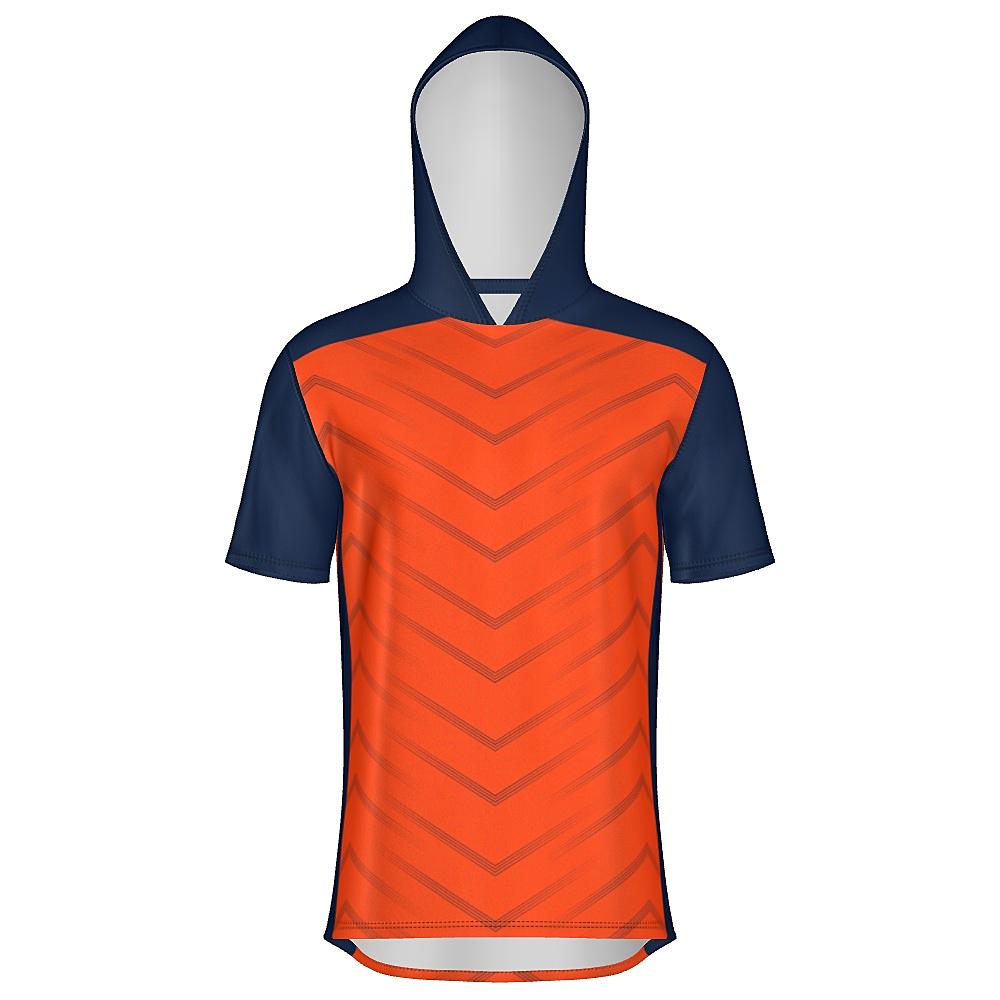 Orange short-sleeve hoodie with navy accents and chevron design on a white background