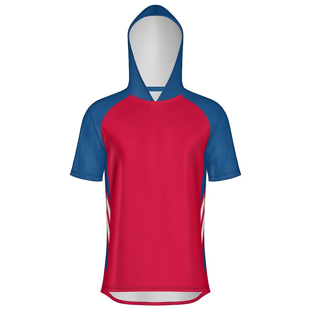 Red short-sleeve hoodie with blue and white accents on a white background