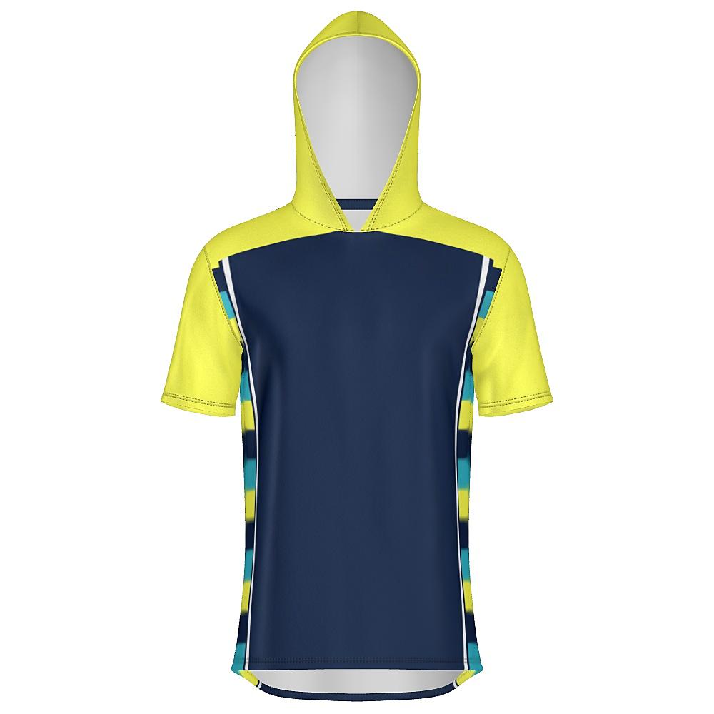 Navy short-sleeve hoodie with yellow sleeves and striped side panels on a white background