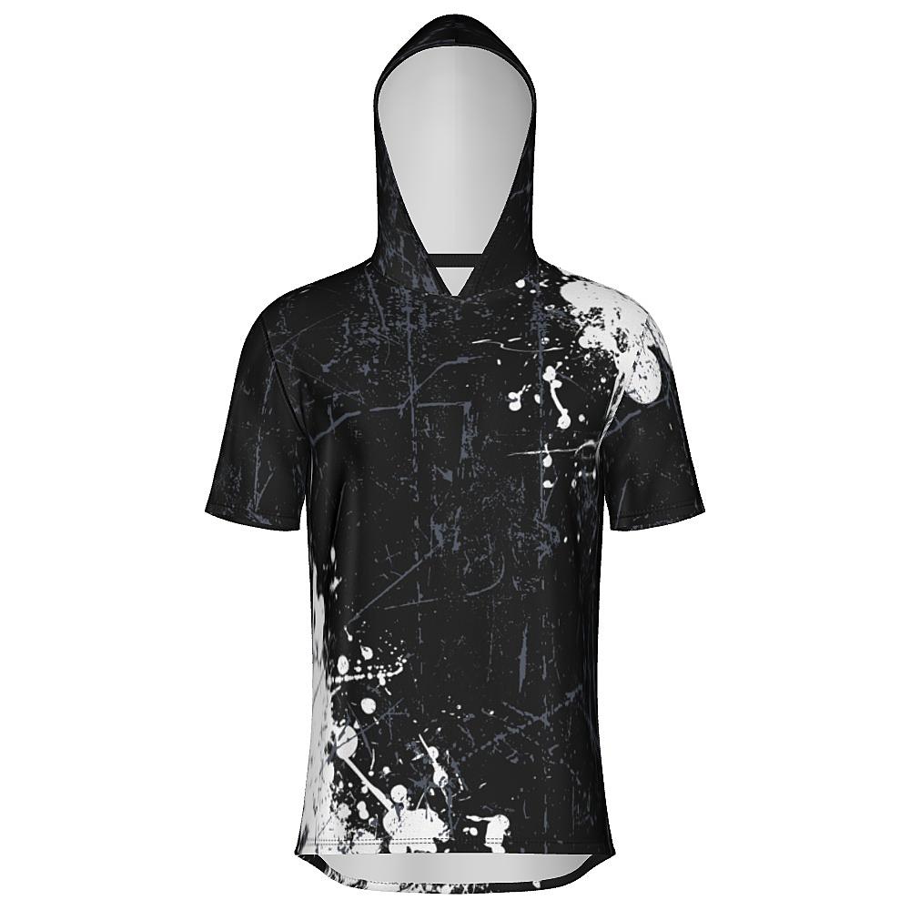 Black short-sleeve hoodie with white and grey distressed design on a white background