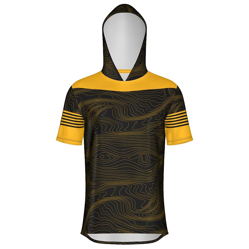 Black short-sleeve hoodie with yellow accents and topographic design on a white background