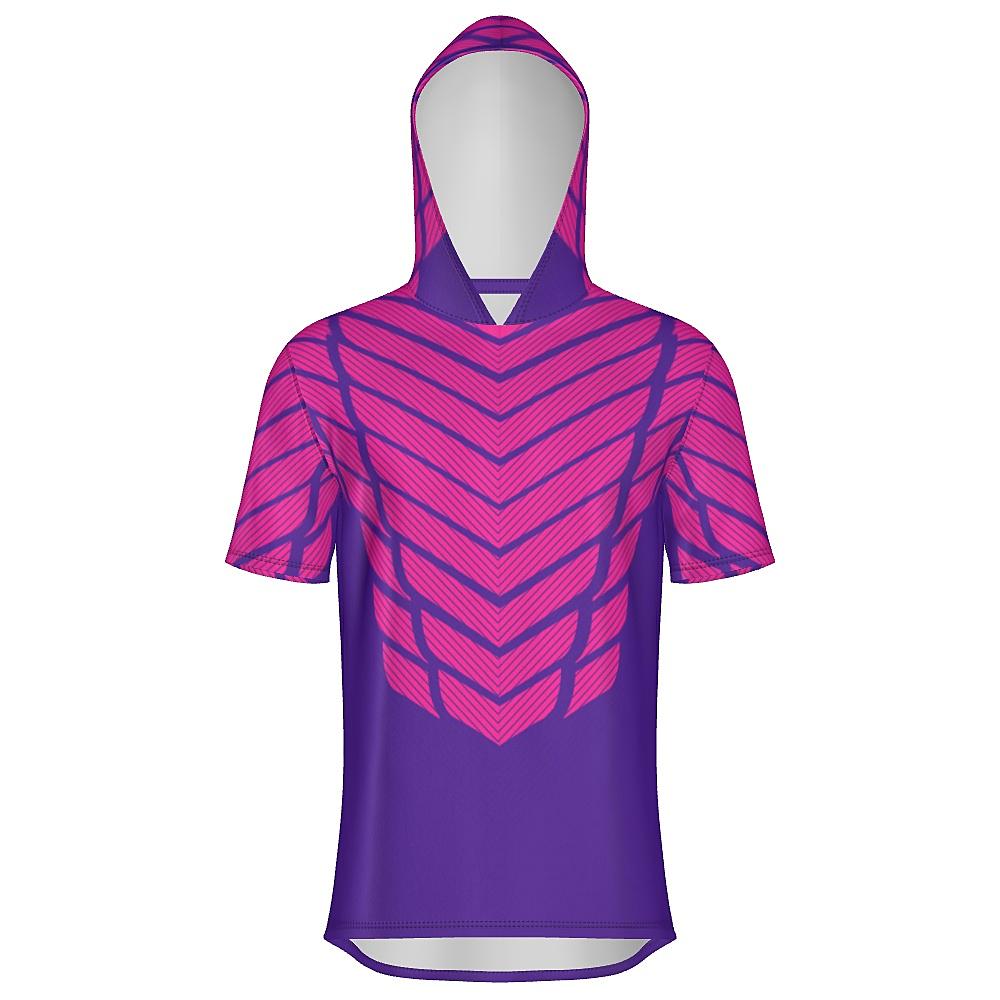 Pink and purple short-sleeve hoodie with striped design on a white background