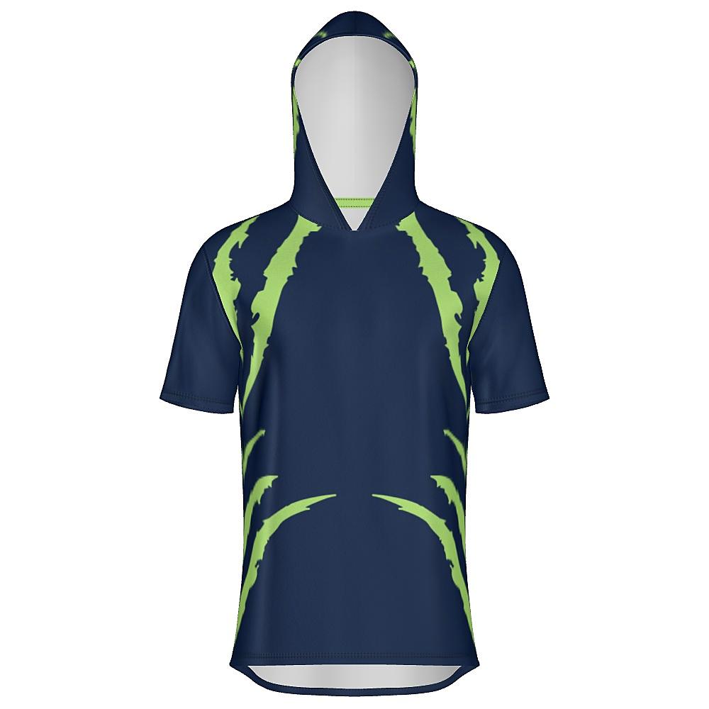 Blue short-sleeve hoodie with green accents on a white background