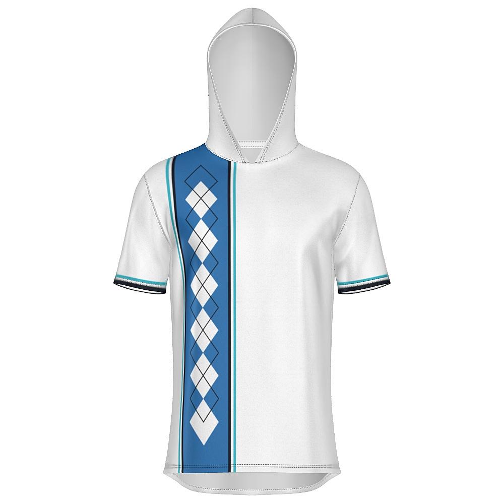White short-sleeve hoodie with blue argyle design on a white background