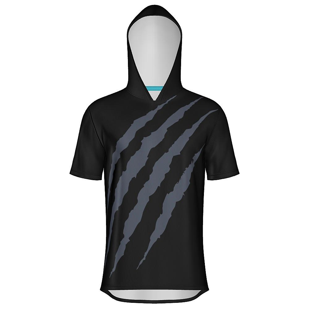 Black short-sleeve hoodie with grey claw-mark design on a white background
