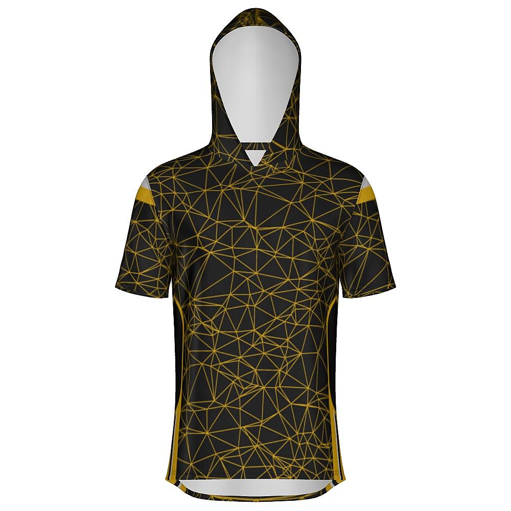 Black short-sleeve hoodie with yellow geometric design on a white background