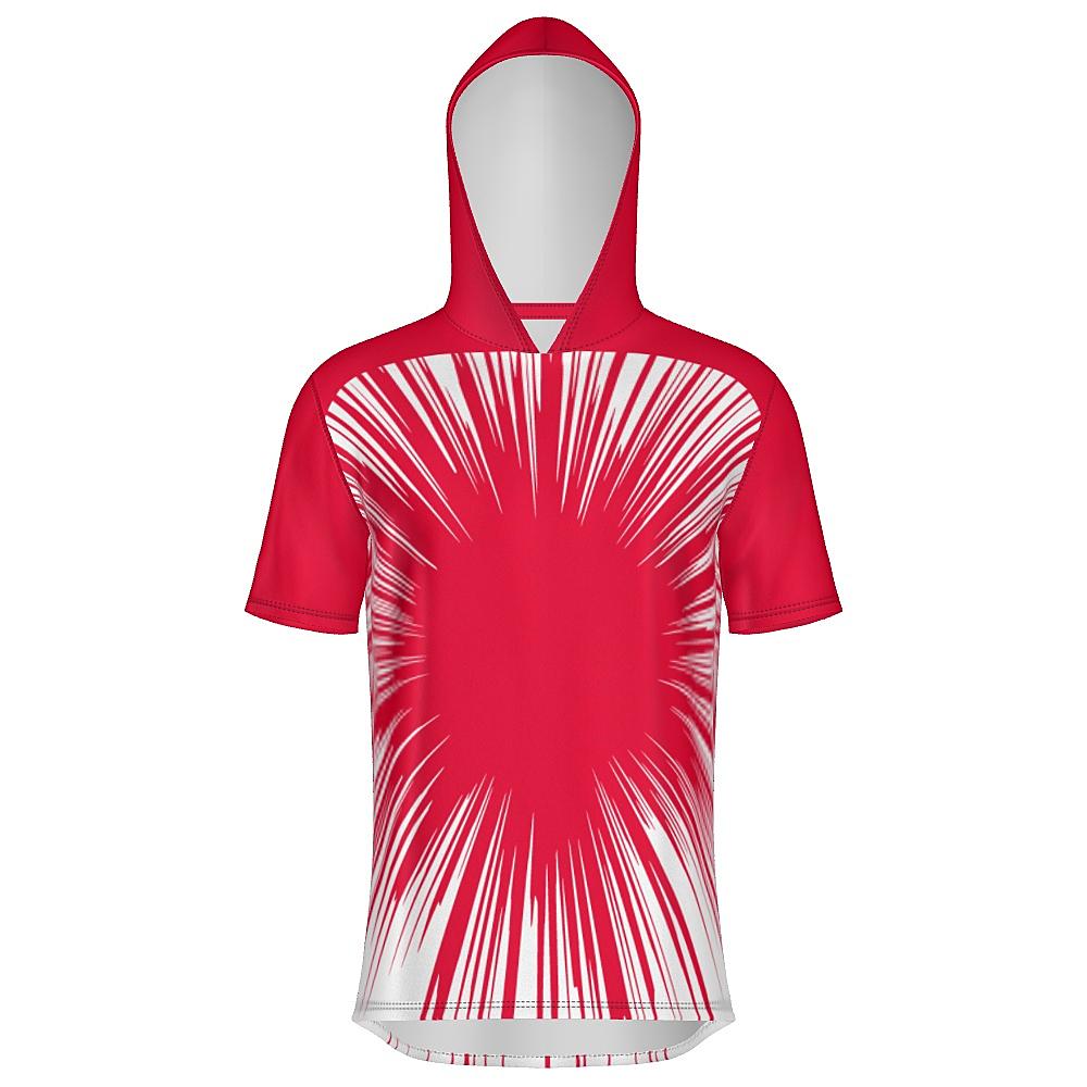Red short-sleeve hoodie with starburst design on a white background
