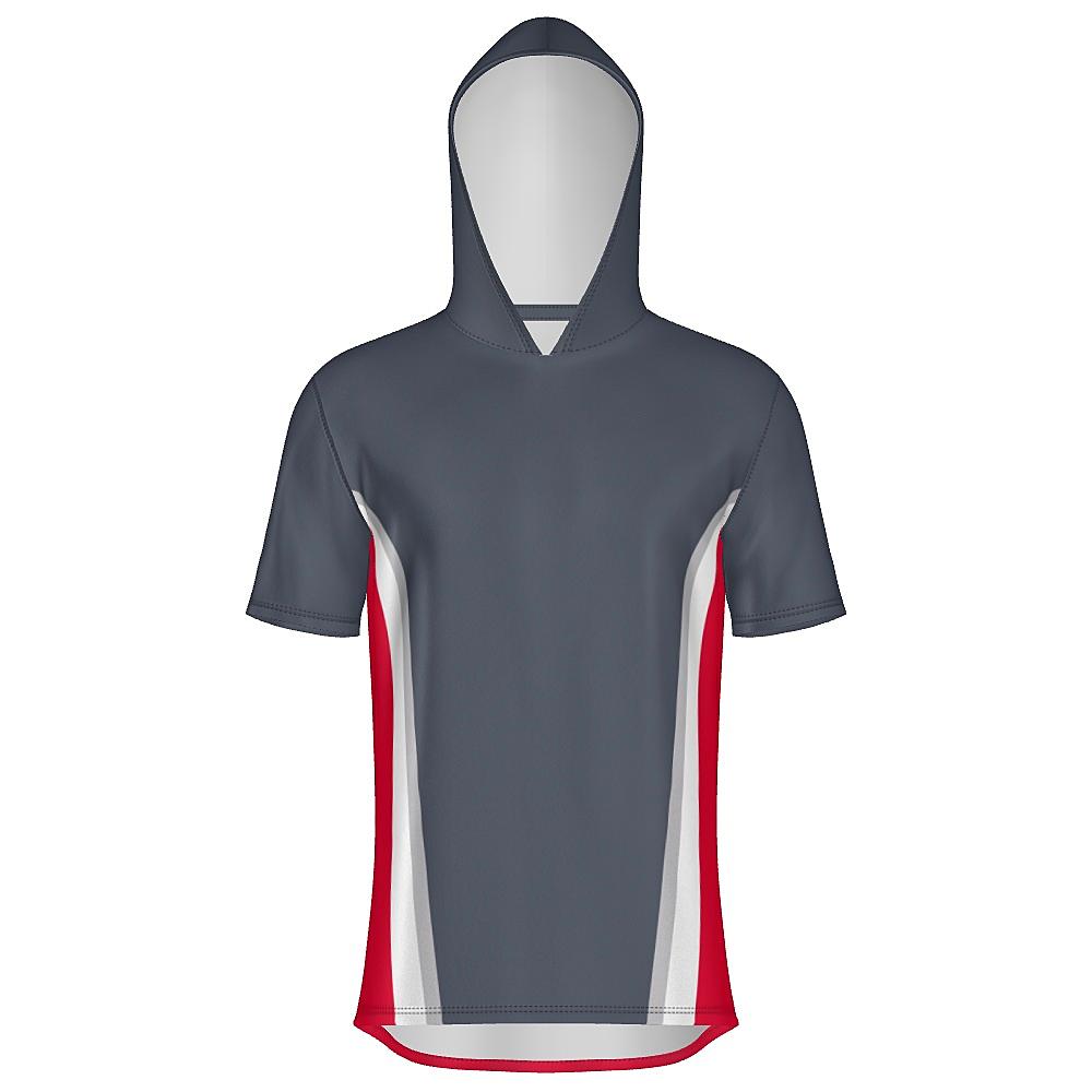Grey short-sleeve hoodie with white and red accents on a white background