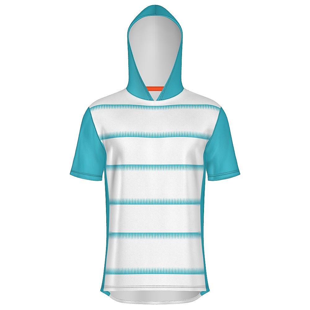 White short-sleeve hoodie with teal sleeves, hood and sawtooth stripes